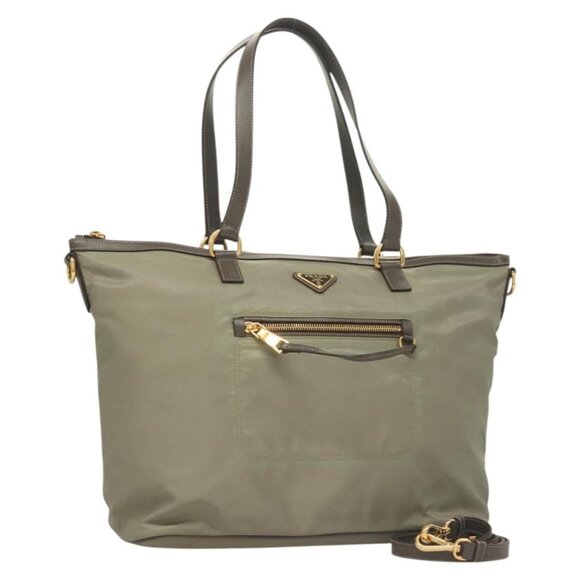 PRADA Tote Bag Nylon 2way Khaki Gold Auth 126843V - Picture 1 of 16